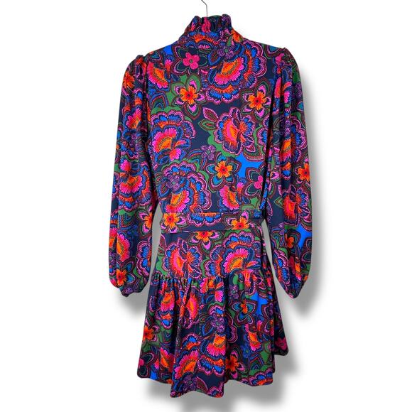 Sugarlips NWOT Rainbow Floral Print Crew Neck Button Tie Waist Mini Dress Small - Picture 9 of 11